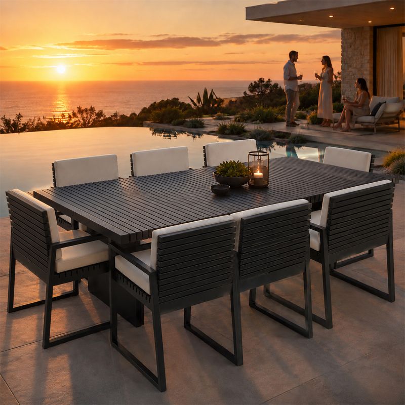 Set mobilier, masa 213x100 cm + 8 scaune, terasa sau gradina, aluminiu, tesatura 100% Olefin, Mykonos
