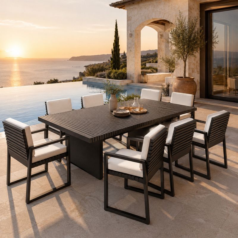 Set mobilier, masa 213x100 cm + 8 scaune, terasa sau gradina, aluminiu, tesatura 100% Olefin, Mykonos