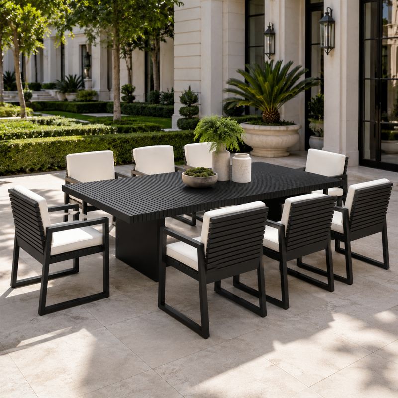 Set mobilier, masa 213x100 cm + 8 scaune, terasa sau gradina, aluminiu, tesatura 100% Olefin, Mykonos