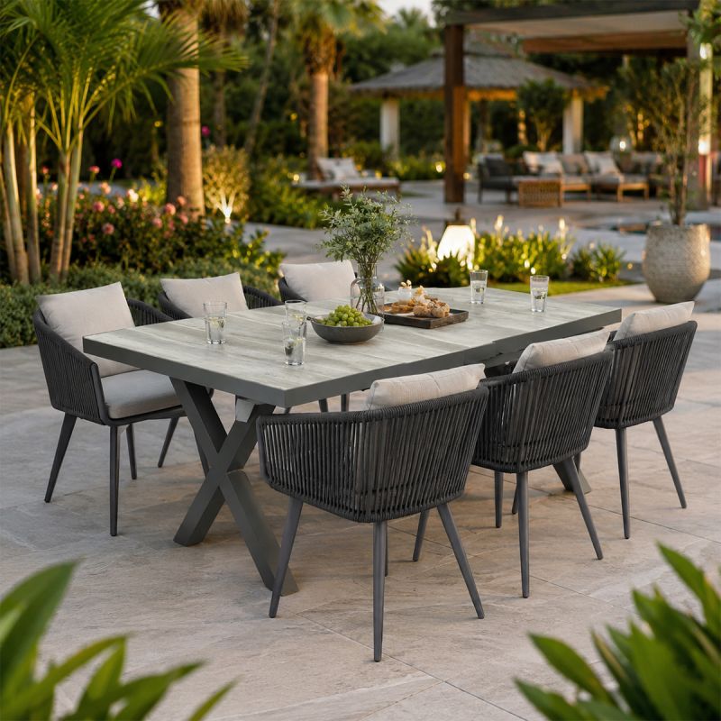 Set mobilier, masa extensibila cu blat de piatra, 6 persoane, gradina sau terasa, aluminiu, impletitura tip funie, Maldives