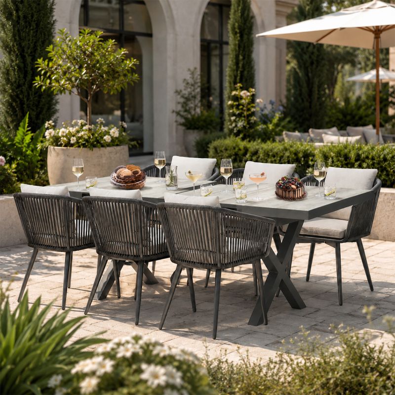 Set mobilier, masa extensibila cu blat de piatra, 6 persoane, gradina sau terasa, aluminiu, impletitura tip funie, Maldives