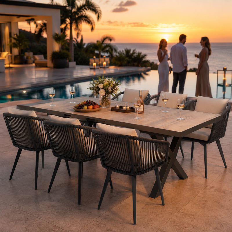 Set mobilier, masa extensibila cu blat de piatra, 6 persoane, gradina sau terasa, aluminiu, impletitura tip funie, Maldives