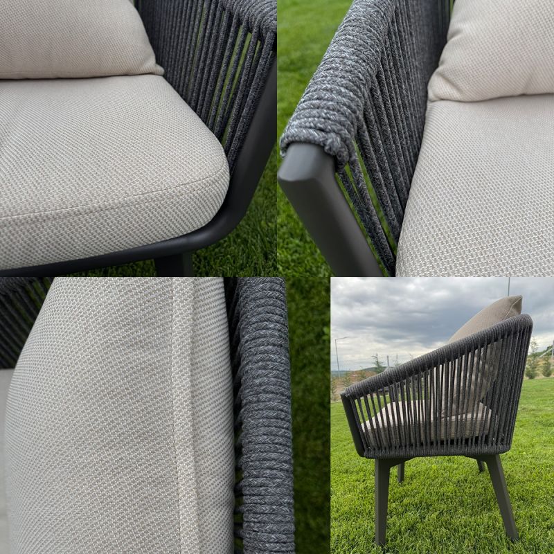 Set mobilier, masa extensibila cu blat de piatra, 6 persoane, gradina sau terasa, aluminiu, impletitura tip funie, Maldives