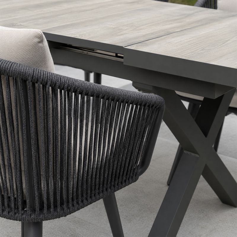 Set mobilier, masa extensibila cu blat de piatra, 6 persoane, gradina sau terasa, aluminiu, impletitura tip funie, Maldives