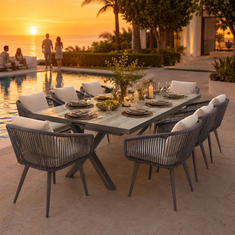 Set mobilier, masa extensibila cu blat de piatra, de 8 persoane, gradina sau terasa, aluminiu, impletitura tip funie, Maldives