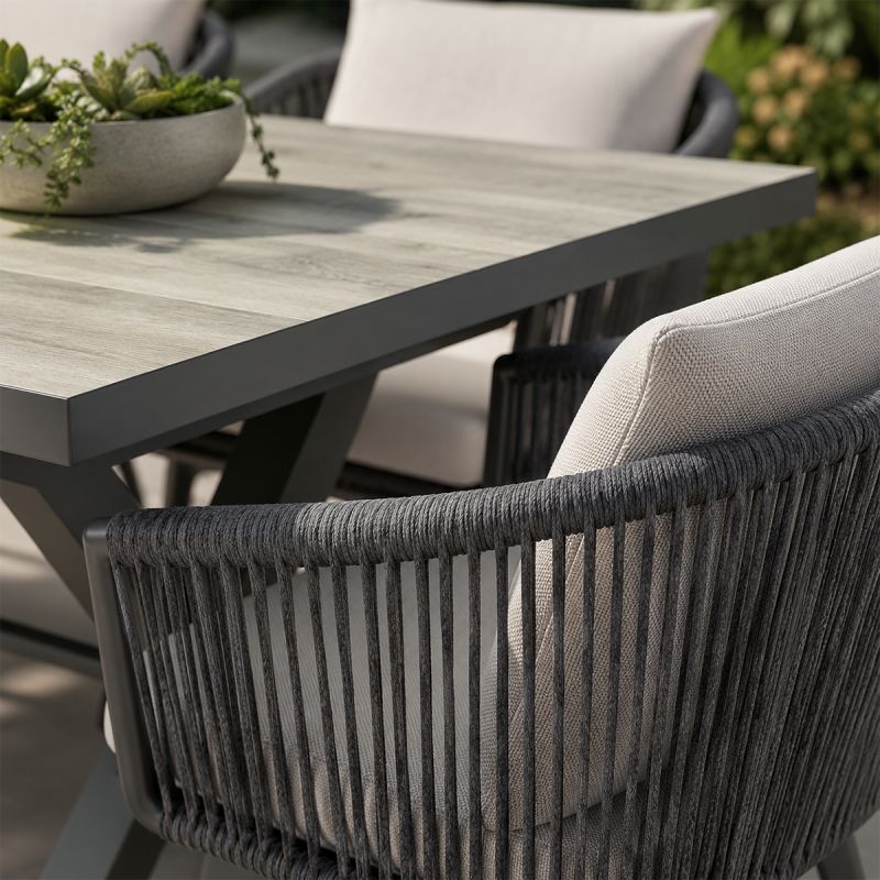 Set mobilier, masa extensibila cu blat de piatra, de 8 persoane, gradina sau terasa, aluminiu, impletitura tip funie, Maldives