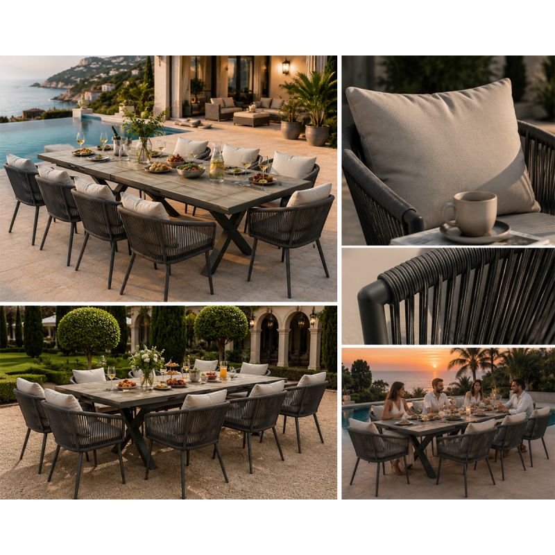 Set mobilier, masa extensibila cu blat de piatra, de 8 persoane, gradina sau terasa, aluminiu, impletitura tip funie, Maldives