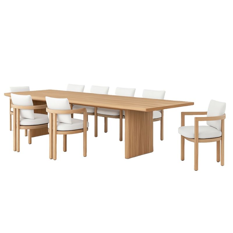 Set mobilier, masa mare si 8 scaune, terasa sau gradina, lemn de Tec integral, perne incluse, Primavera
