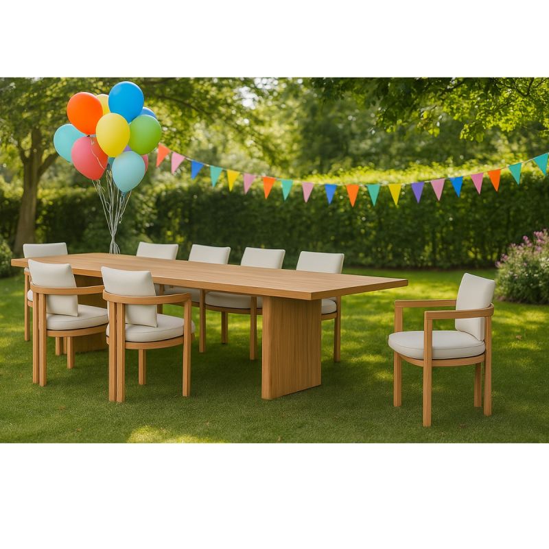Set mobilier, masa mare si 8 scaune, terasa sau gradina, lemn de Tec integral, perne incluse, Primavera