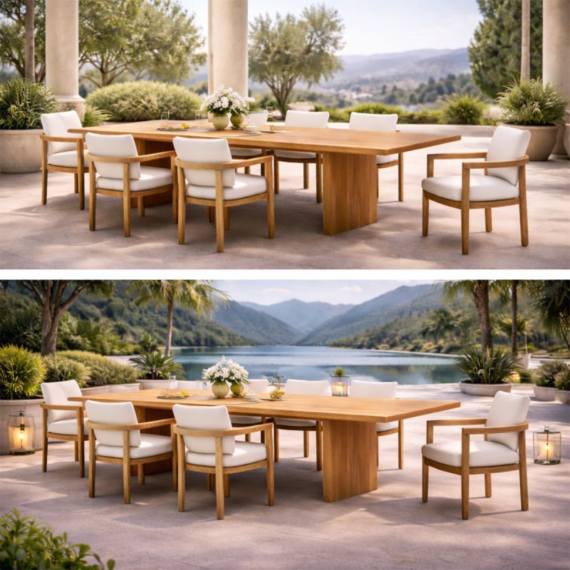 Set mobilier, masa mare si 8 scaune, terasa sau gradina, lemn de Tec integral, perne incluse, Primavera