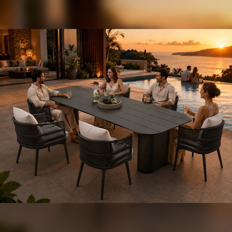 Set mobilier, masa robusta 214x100 cm + 6 scaune cu impletitura tip funie, terasa sau gradina, aluminiu, Nova Luxe