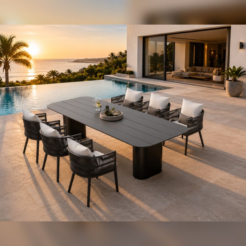 Set mobilier, masa robusta 214x100 cm + 6 scaune cu impletitura tip funie, terasa sau gradina, aluminiu, Nova Luxe