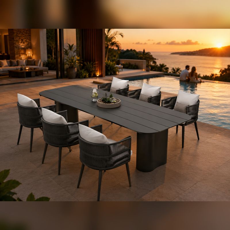 Set mobilier, masa robusta 214x100 cm + 6 scaune cu impletitura tip funie, terasa sau gradina, aluminiu, Nova Luxe