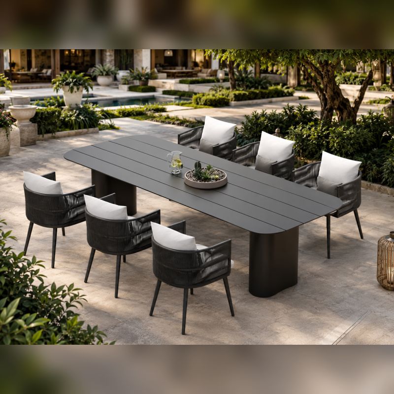 Set mobilier, masa robusta 214x100 cm + 6 scaune cu impletitura tip funie, terasa sau gradina, aluminiu, Nova Luxe