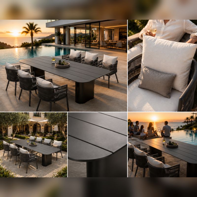 Set mobilier, masa robusta 214x100 cm + 6 scaune cu impletitura tip funie, terasa sau gradina, aluminiu, Nova Luxe