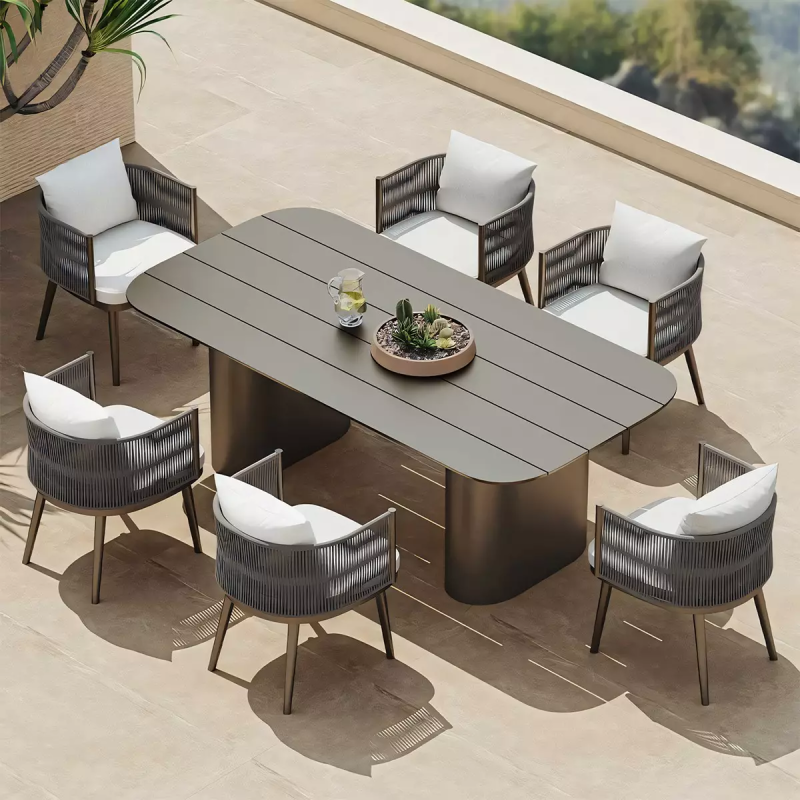 Set mobilier, masa robusta 214x100 cm + 8 scaune cu impletitura tip funie, terasa sau gradina, aluminiu, Nova Luxe