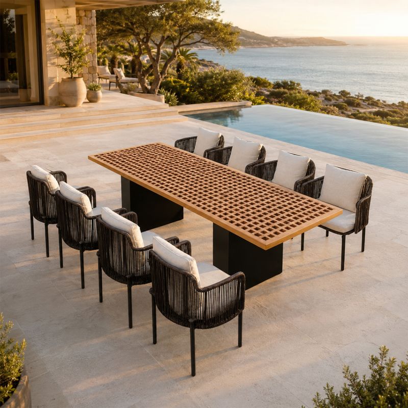 Set mobilier, masa mare Tec, 8 scaune perne incluse, terasa sau gradina, cadru Aluminiu si poliratan, Mora