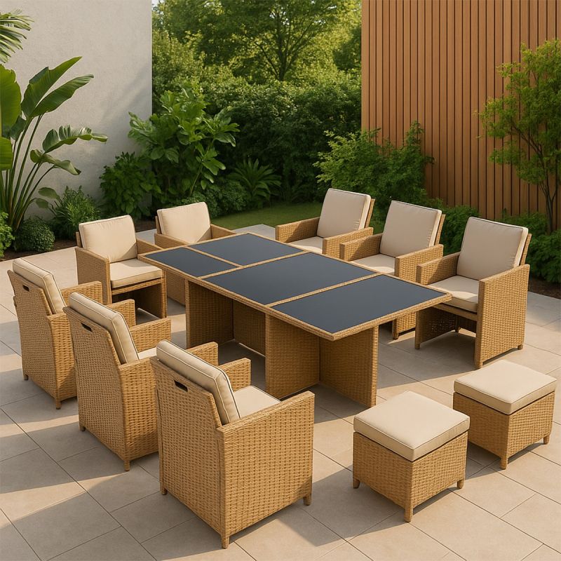 Set mobilier, pliabil, masa cu blat de sticla, 6 scaune cu spatar rabatabil, 4 tabureti terasa gradina, Cub, Mauritius