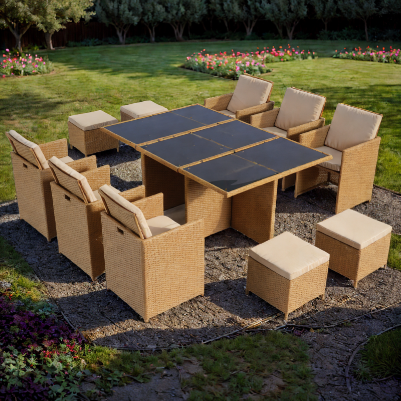 Set mobilier, pliabil, masa cu blat de sticla, 6 scaune cu spatar rabatabil, 4 tabureti terasa gradina, Cub, Mauritius