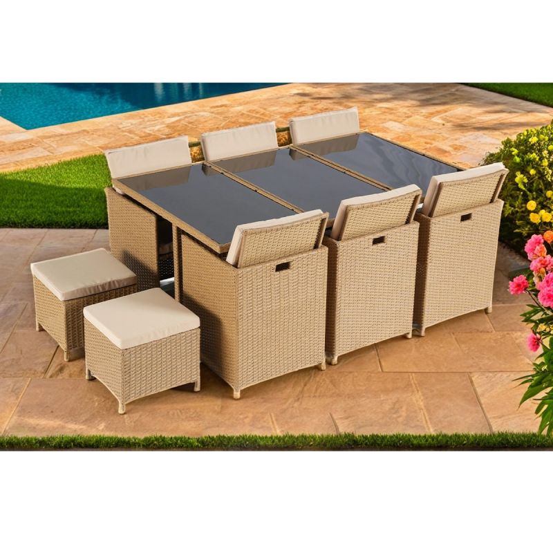 Set mobilier, pliabil, masa cu blat de sticla, 6 scaune cu spatar rabatabil, 4 tabureti terasa gradina, Cub, Mauritius