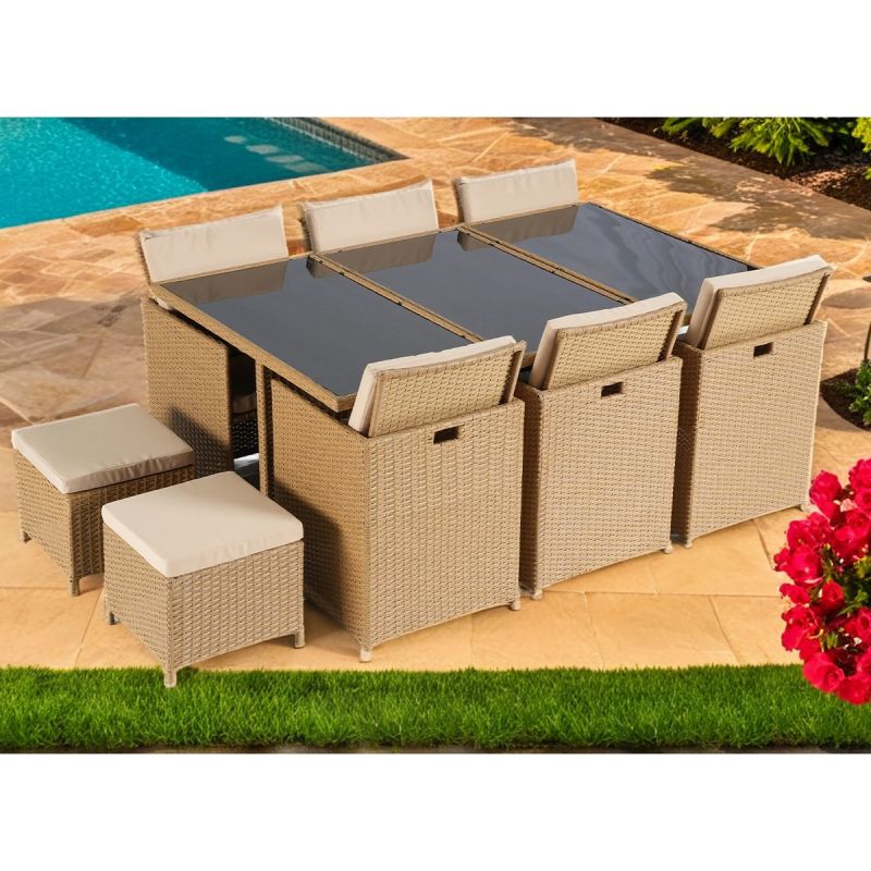 Set mobilier, pliabil, masa cu blat de sticla, 6 scaune cu spatar rabatabil, 4 tabureti terasa gradina, Cub, Mauritius