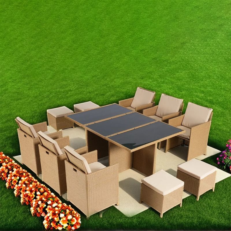 Set mobilier, pliabil, masa cu blat de sticla, 6 scaune cu spatar rabatabil, 4 tabureti terasa gradina, Cub, Mauritius