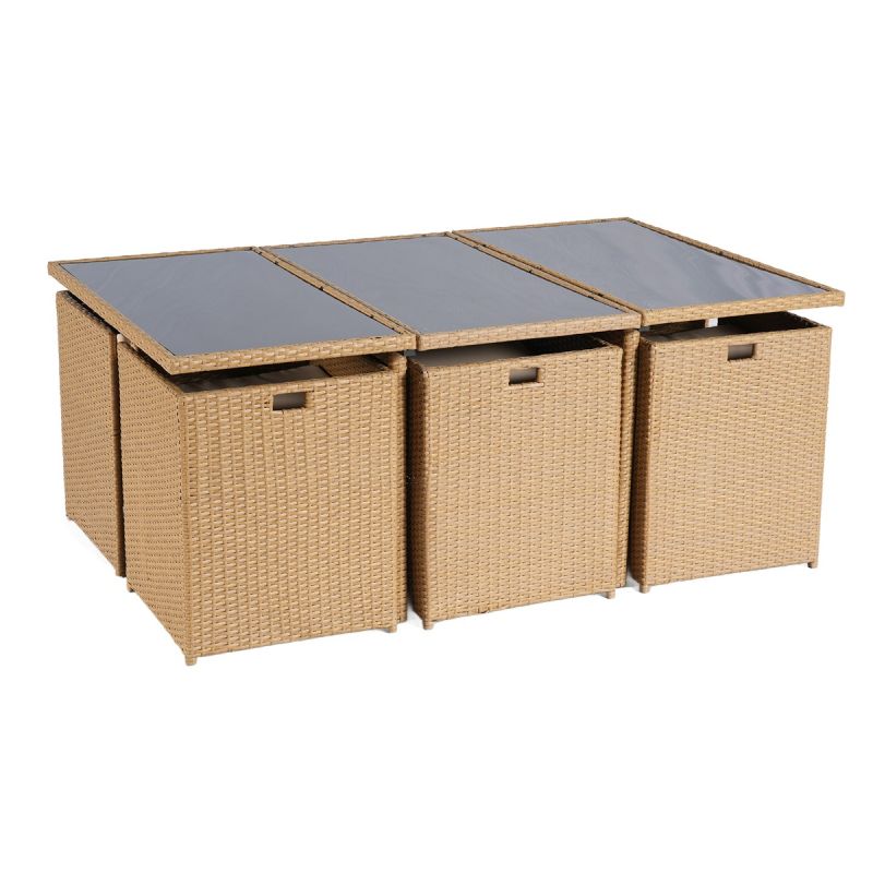 Set mobilier, pliabil, masa cu blat de sticla, 6 scaune cu spatar rabatabil, 4 tabureti terasa gradina, Cub, Mauritius