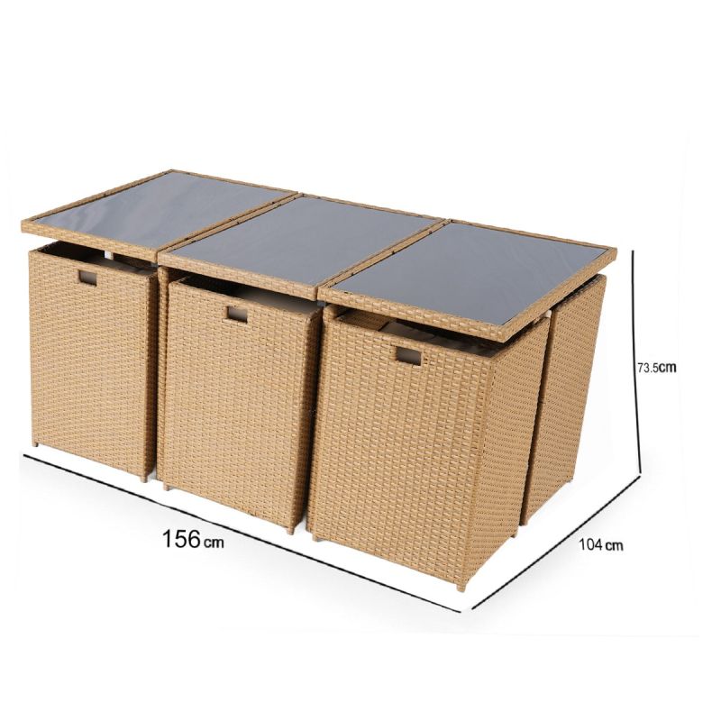 Set mobilier, pliabil, masa cu blat de sticla, 6 scaune cu spatar rabatabil, 4 tabureti terasa gradina, Cub, Mauritius