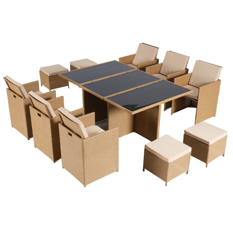 Set mobilier, pliabil, masa cu blat de sticla, 6 scaune cu spatar rabatabil, 4 tabureti terasa gradina, Cub, Mauritius
