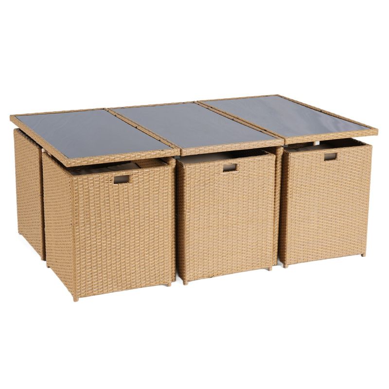 Set mobilier, pliabil, masa cu blat de sticla, 6 scaune cu spatar rabatabil, 4 tabureti terasa gradina, Cub, Mauritius
