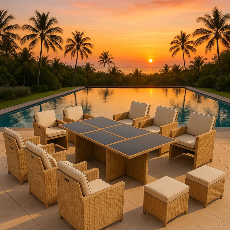 Set mobilier, pliabil, masa cu blat de sticla, 6 scaune cu spatar rabatabil, 4 tabureti terasa gradina, Cub, Mauritius