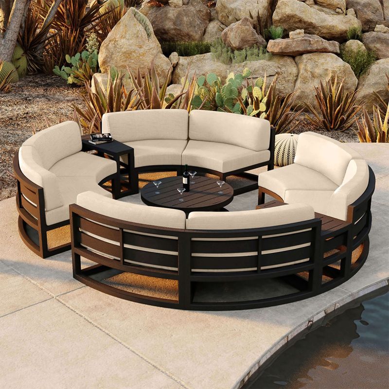 Set Mobilier Rotund, Cadru Aluminiu, 7 Piese, terasa sau gradina, Dark Grey, Perne Incluse Crem, Coral