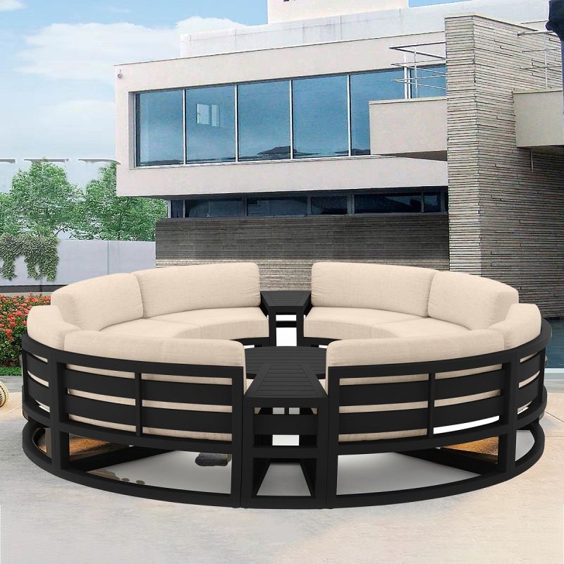 Set Mobilier Rotund, Cadru Aluminiu, 7 Piese, terasa sau gradina, Dark Grey, Perne Incluse Crem, Coral