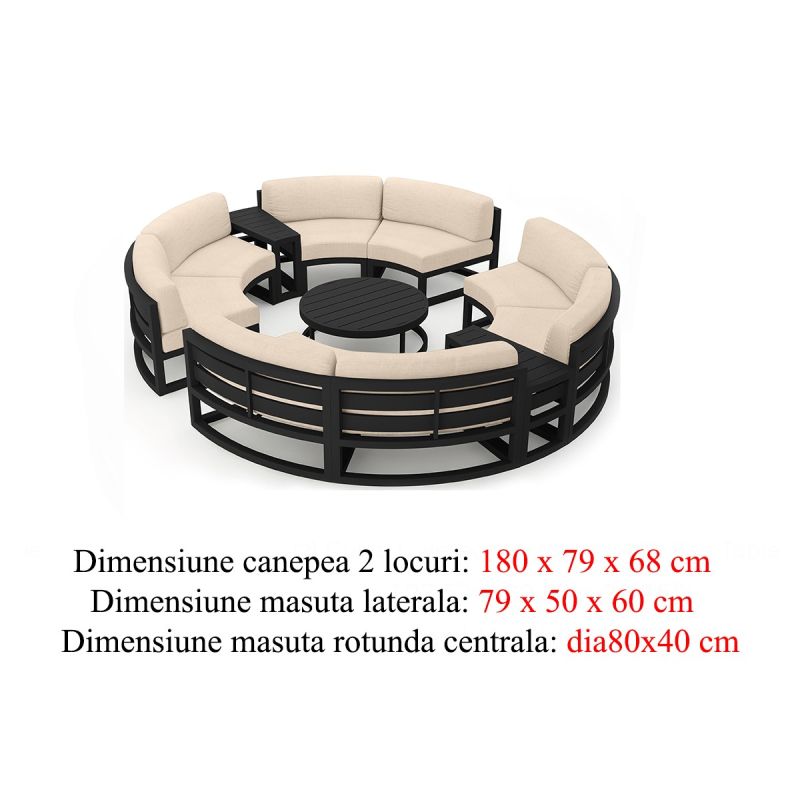 Set Mobilier Rotund, Cadru Aluminiu, 7 Piese, terasa sau gradina, Dark Grey, Perne Incluse Crem, Coral