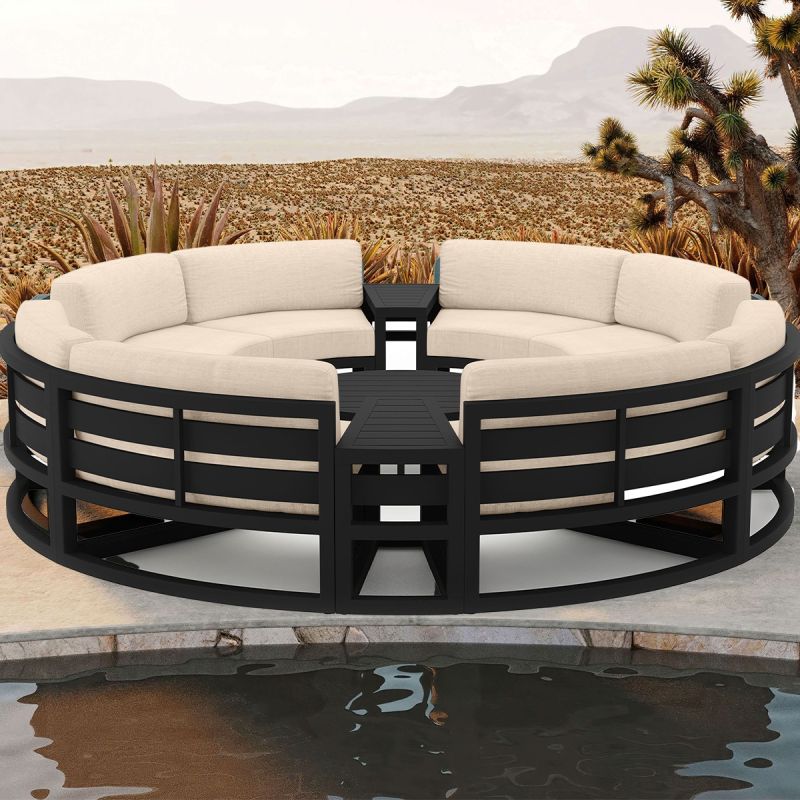 Set Mobilier Rotund, Cadru Aluminiu, 7 Piese, terasa sau gradina, Dark Grey, Perne Incluse Crem, Coral