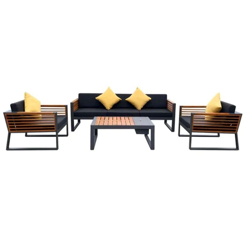 Set mobilier terasa gradina, canapea, 2 fotolii, masuta cafea cu ice bucket, aluminiu si lemn, Kia