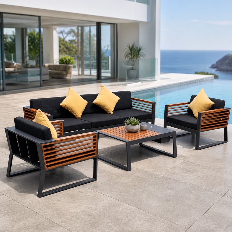 Set mobilier terasa gradina, canapea, 2 fotolii, masuta cafea cu ice bucket, aluminiu si lemn, Kia