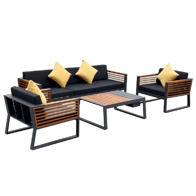 Set mobilier terasa gradina, canapea, 2 fotolii, masuta cafea cu ice bucket, aluminiu si lemn, Kia