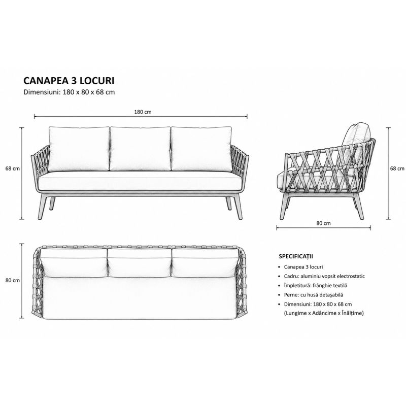 Set mobilier, canapea, 2 fotolii, masuta, terasa gradina, aluminiu si impletitura tip funie, Ray