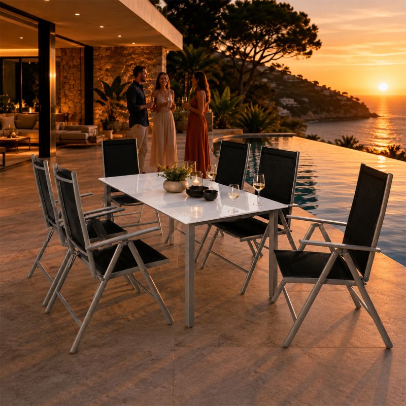 Set mobilier, terasa sau gradina, masa mare cu blat de sticla mata, 6 scaune Rabatabile aluminiu, 150 x 90 x 75  cm, Clinton