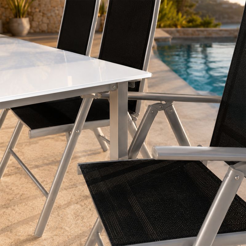 Set mobilier, terasa sau gradina, masa mare cu blat de sticla mata, 6 scaune Rabatabile aluminiu, 150 x 90 x 75  cm, Clinton