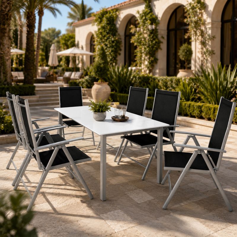 Set mobilier, terasa sau gradina, masa mare cu blat de sticla mata, 6 scaune Rabatabile aluminiu, 150 x 90 x 75  cm, Clinton