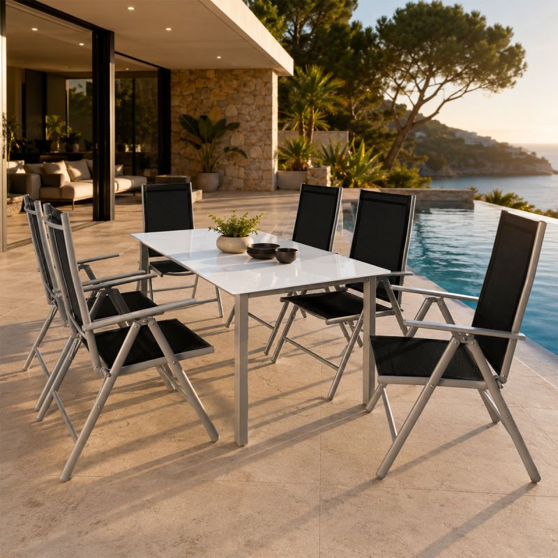 Set mobilier, terasa sau gradina, masa mare cu blat de sticla mata, 6 scaune Rabatabile aluminiu, 150 x 90 x 75  cm, Clinton