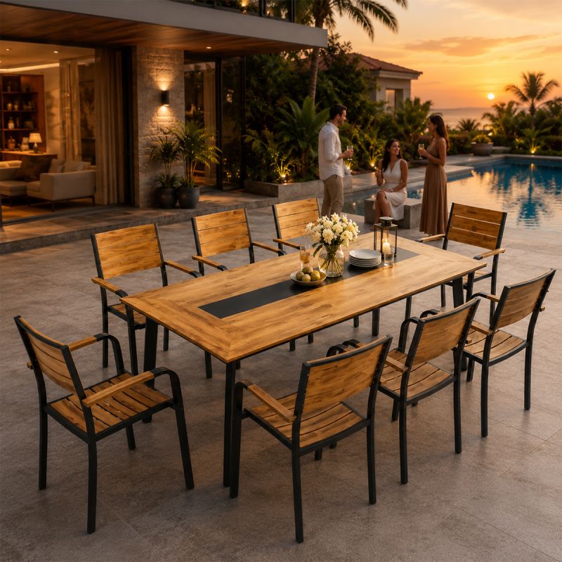 Set mobilier terasa sau gradina, Masa si 8 scaune stivuibile din aluminiu si Wpc, Blake