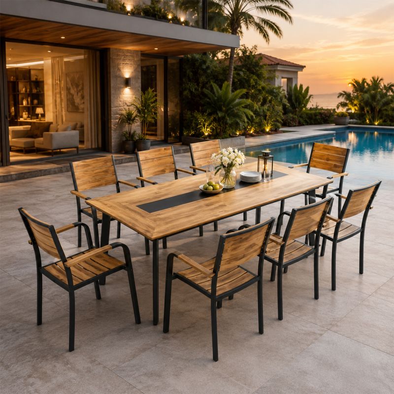 Set mobilier terasa sau gradina, Masa si 8 scaune stivuibile din aluminiu si Wpc, Blake