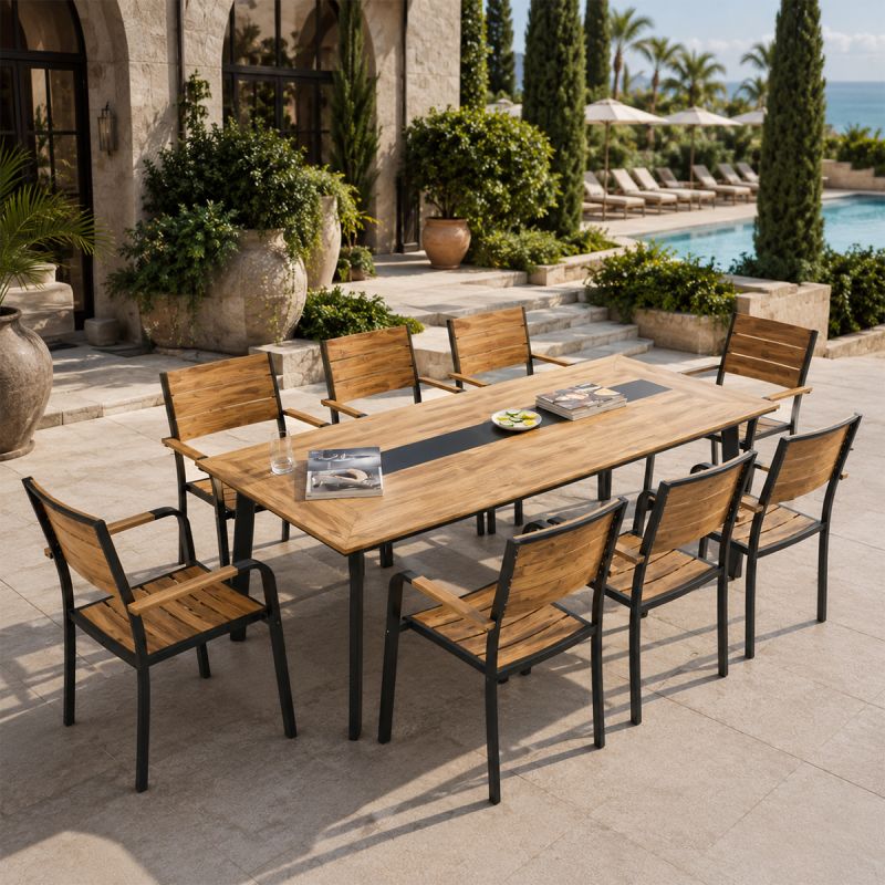 Set mobilier terasa sau gradina, Masa si 8 scaune stivuibile din aluminiu si Wpc, Blake