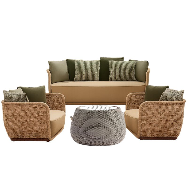 Set mobilier,fotolii, canapea 2 locuri, masa terasa gradina, aluminiu, impletitura funie, sezut crem, perne verzi masliniu,NIKO
