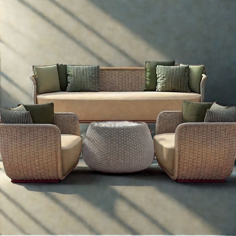 Set mobilier,fotolii, canapea 2 locuri, masa terasa gradina, aluminiu, impletitura funie, sezut crem, perne verzi masliniu,NIKO