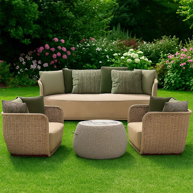 Set mobilier,fotolii, canapea 2 locuri, masa terasa gradina, aluminiu, impletitura funie, sezut crem, perne verzi masliniu,NIKO