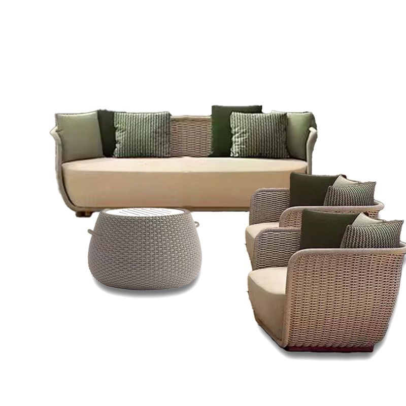 Set mobilier,fotolii, canapea 2 locuri, masa terasa gradina, aluminiu, impletitura funie, sezut crem, perne verzi masliniu,NIKO
